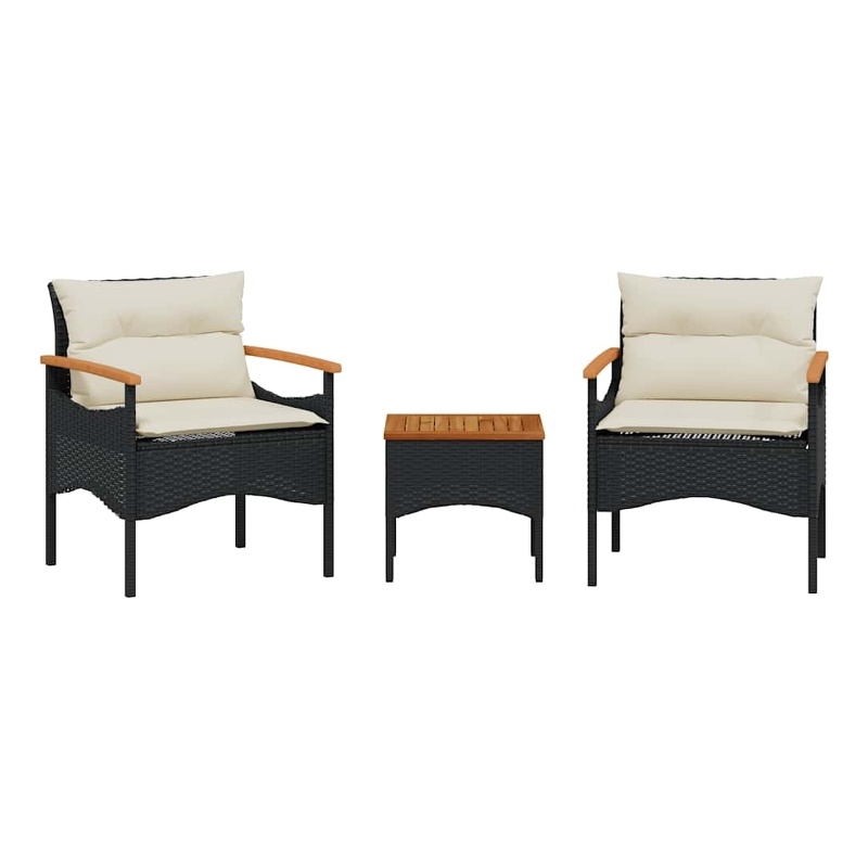 vidaXL 3 Piece Patio Sofa Set with Cushions Black Poly Rattan