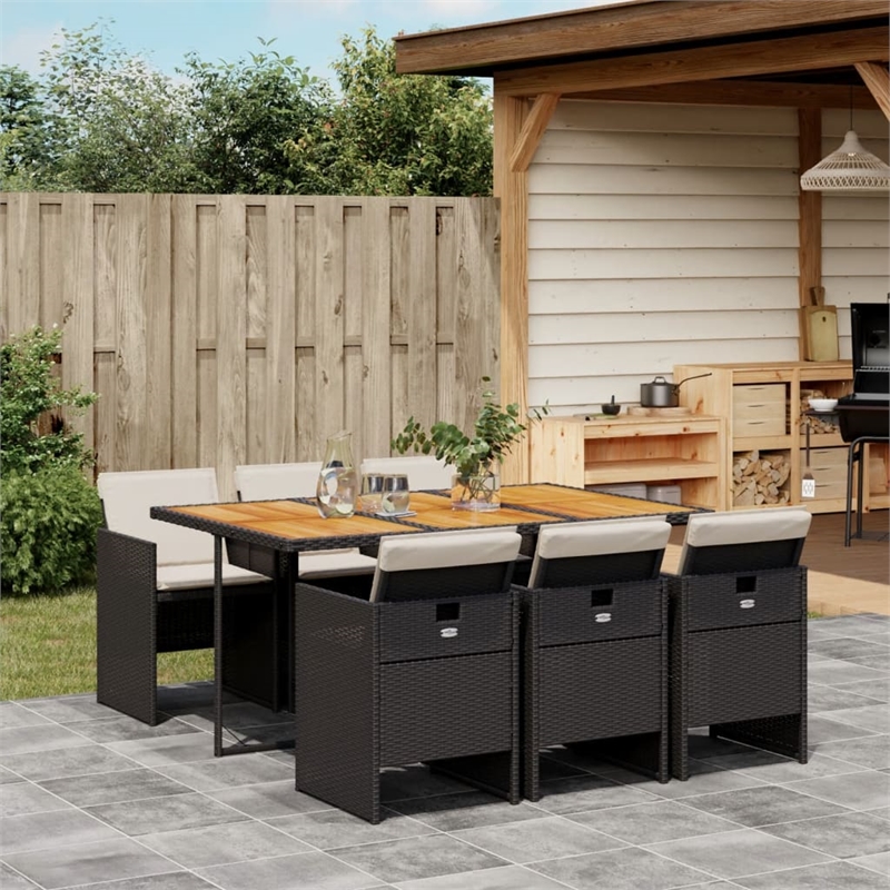 vidaXL 7 Piece Patio Dining Set with Cushions Black Poly Rattan