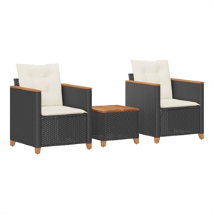 vidaXL 3 Piece Bistro Set with Cushions Black Poly Rattan Acacia Wood
