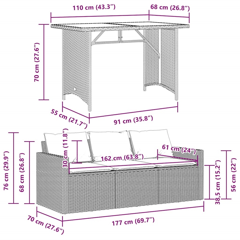 vidaXL 2 Piece Patio Dining Set with Cushions Gray Poly Rattan