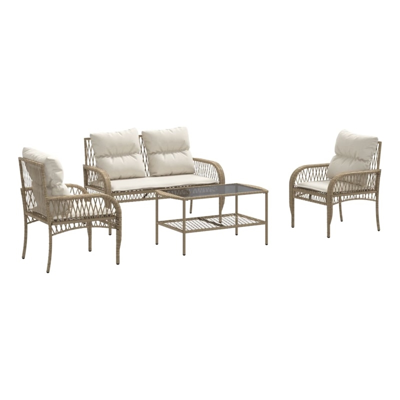 vidaXL 4 Piece Patio Sofa Set with Cushions Beige Poly Rattan