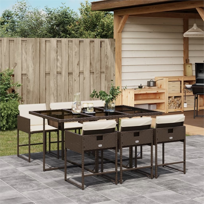 vidaXL 7 Piece Patio Dining Set with Cushions Brown Poly Rattan
