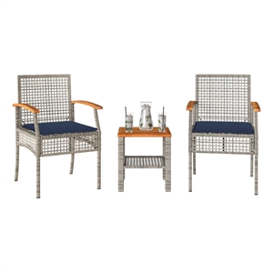 vidaXL 3 Piece Bistro Set with Cushions Gray Poly Rattan Acacia Wood