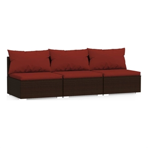 vidaXL 3 Seat Patio Sofa with Cushions Brown Poly Rattan