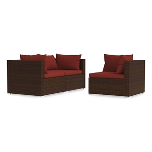 vidaXL 3 Piece Patio Lounge Set with Cushions Brown Poly Rattan
