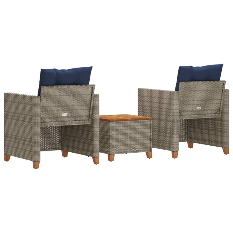 vidaXL 3 Piece Bistro Set with Cushions Gray Poly Rattan Acacia Wood
