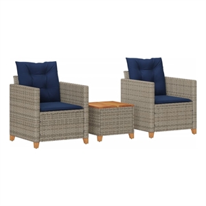vidaXL 3 Piece Bistro Set with Cushions Gray Poly Rattan Acacia Wood