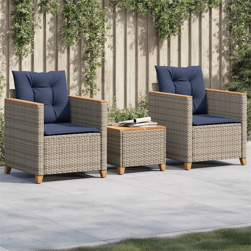 vidaXL 3 Piece Bistro Set with Cushions Gray Poly Rattan Acacia Wood