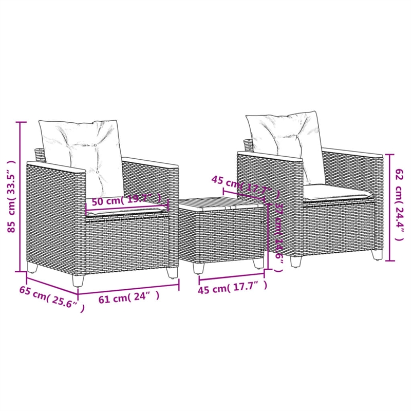 vidaXL 3 Piece Bistro Set with Cushions Gray Poly Rattan Acacia Wood