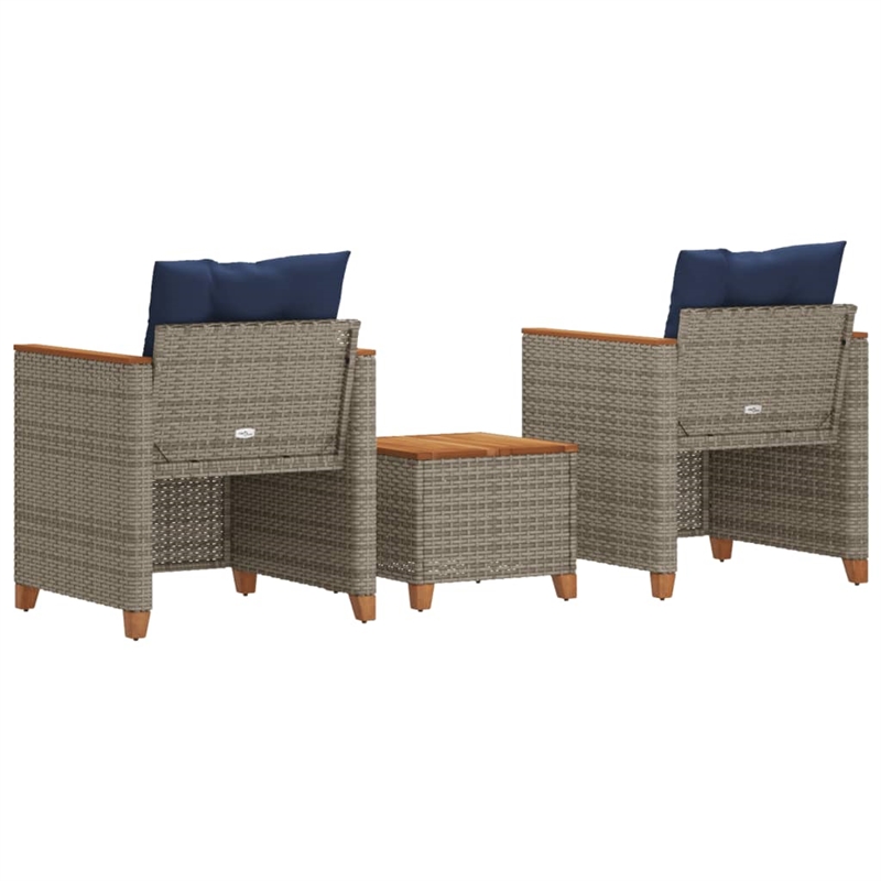 vidaXL 3 Piece Bistro Set with Cushions Gray Poly Rattan Acacia Wood