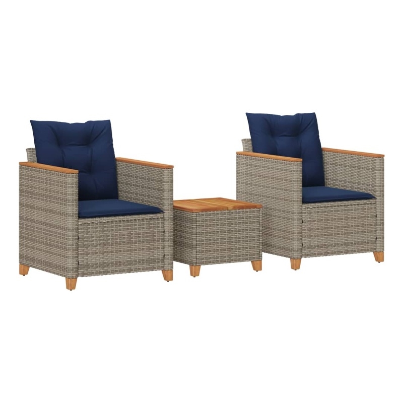vidaXL 3 Piece Bistro Set with Cushions Gray Poly Rattan Acacia Wood