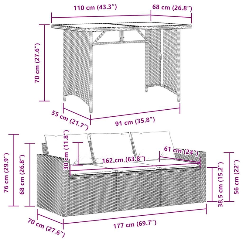 vidaXL 2 Piece Patio Dining Set with Cushions Black Poly Rattan
