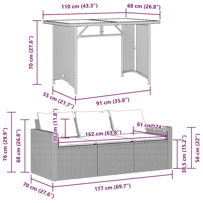 vidaXL 2 Piece Patio Dining Set with Cushions Gray Poly Rattan