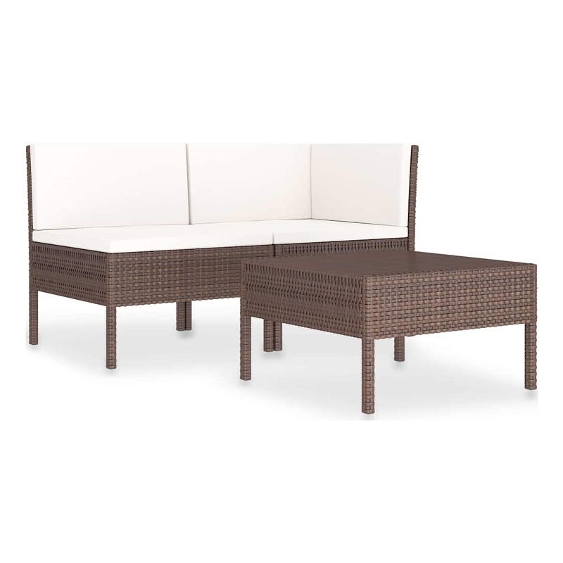 vidaXL 3 Piece Patio Lounge Set with Cushions Poly Rattan Brown