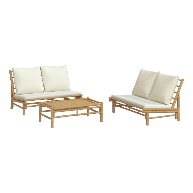 vidaXL 3 Piece Patio Lounge Set with Cream White Cushions Bamboo