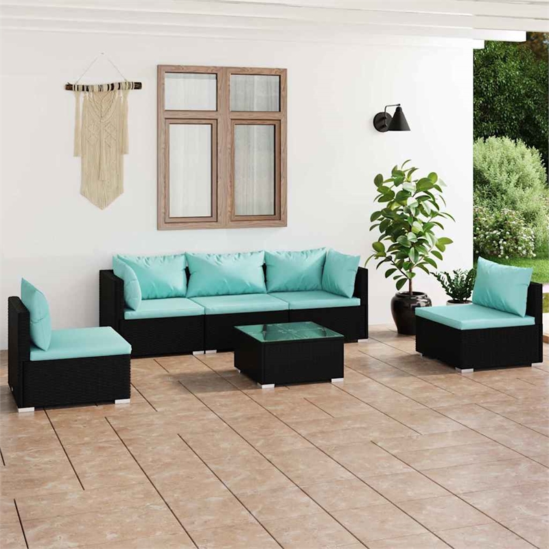 vidaXL 6 Piece Patio Lounge Set with Cushions Poly Rattan Black