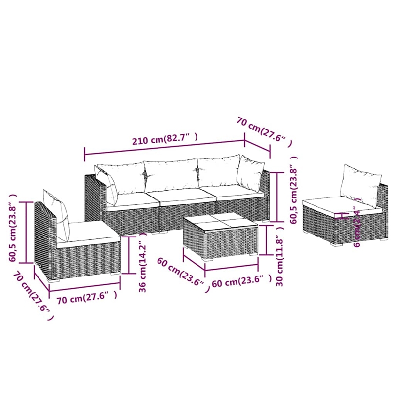 vidaXL 6 Piece Patio Lounge Set with Cushions Poly Rattan Black