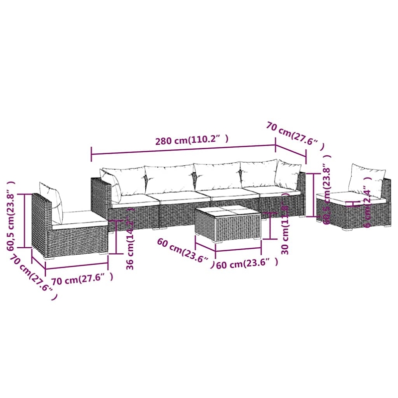 vidaXL 7 Piece Patio Lounge Set with Cushions Poly Rattan Black