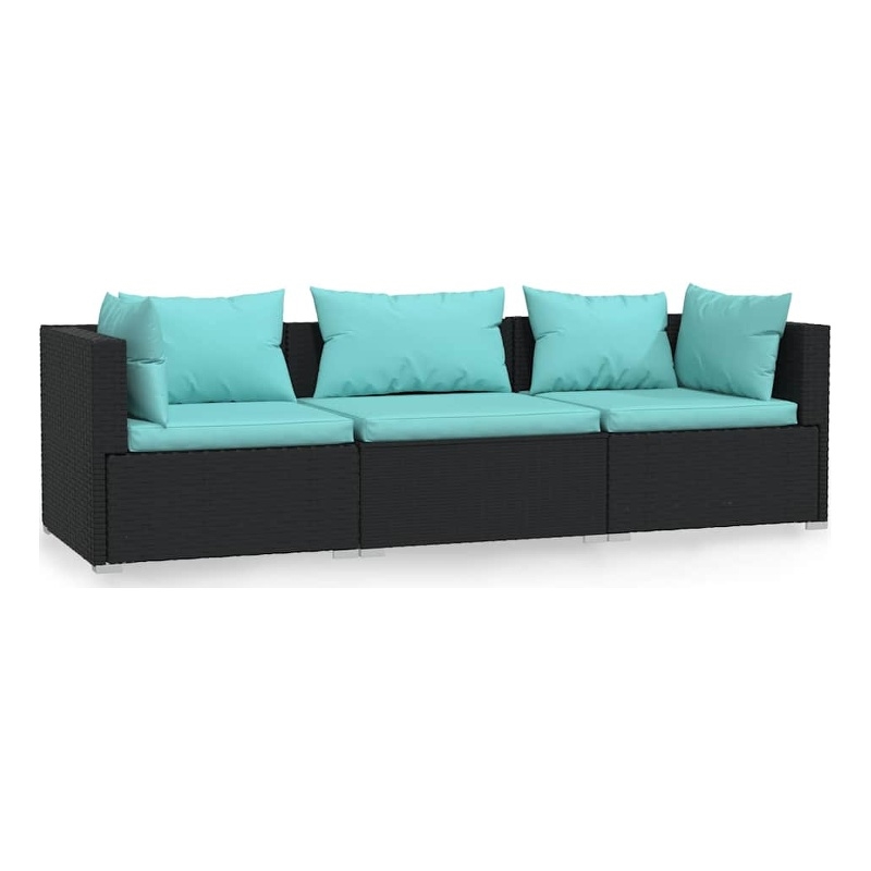 vidaXL Wicker Patio Furniture 3 Piece with Cushions Black Poly Rattan