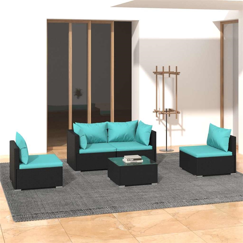 vidaXL 5 Piece Patio Lounge Set with Cushions Poly Rattan Black