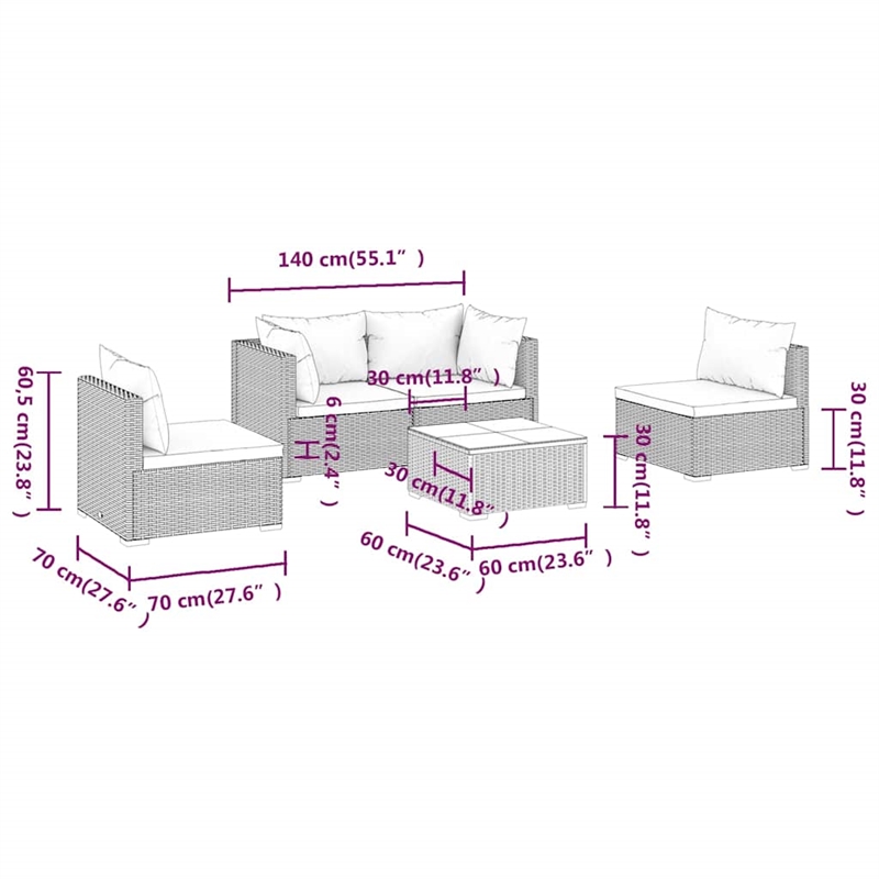 vidaXL 5 Piece Patio Lounge Set with Cushions Poly Rattan Black