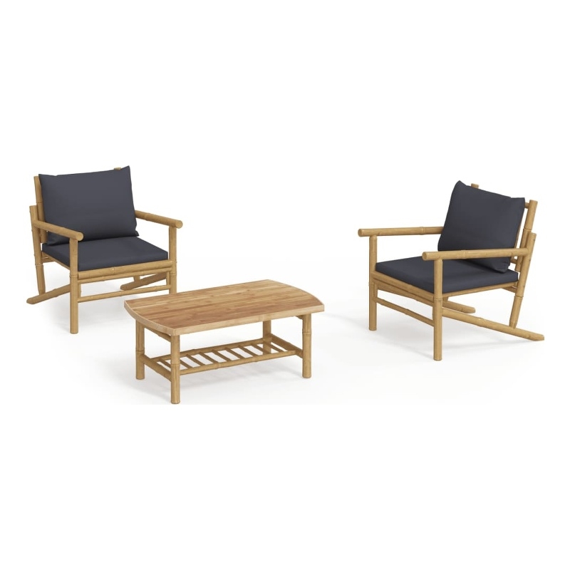 vidaXL 3 Piece Patio Lounge Set with Dark Gray Cushions Bamboo