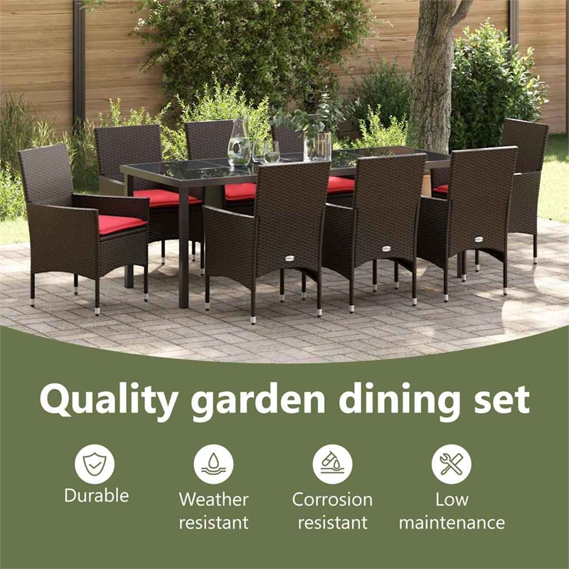 vidaXL Table and Chair Set 9 pcs Brown PE Rattan