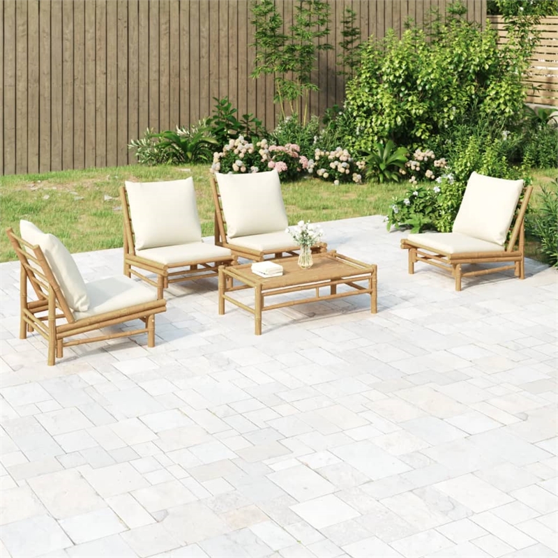 vidaXL 5 Piece Patio Lounge Set with Cream White Cushions Bamboo