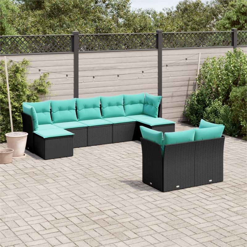 vidaXL 9 Piece Patio Sofa Set with Cushions Black Poly Rattan