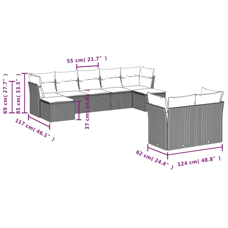 vidaXL 9 Piece Patio Sofa Set with Cushions Black Poly Rattan