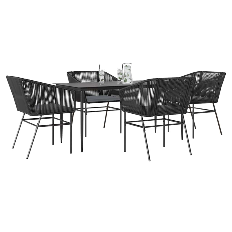 vidaXL 5 Piece Patio Dining Set with Cushions Black Poly Rattan Glass