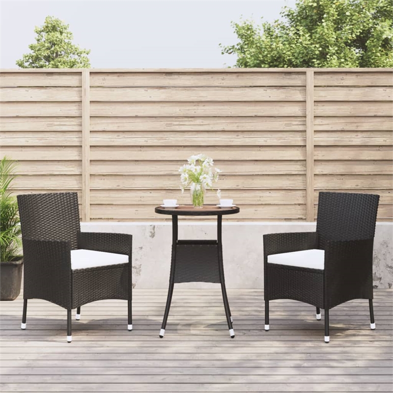 vidaXL 3 Piece Patio Bistro Set with Cushions Black Poly Rattan