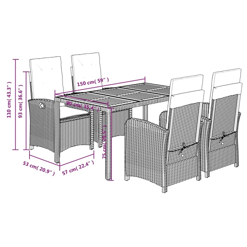 vidaXL 5 Piece Patio Dining Set with Cushions Gray Poly Rattan