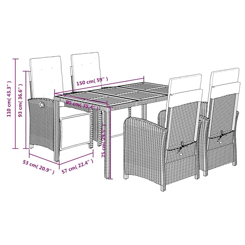 vidaXL 5 Piece Patio Dining Set with Cushions Gray Poly Rattan