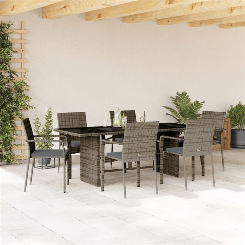 vidaXL 7 Piece Patio Dining Set with Cushions Gray Poly Rattan
