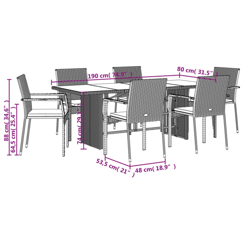 vidaXL 7 Piece Patio Dining Set with Cushions Gray Poly Rattan