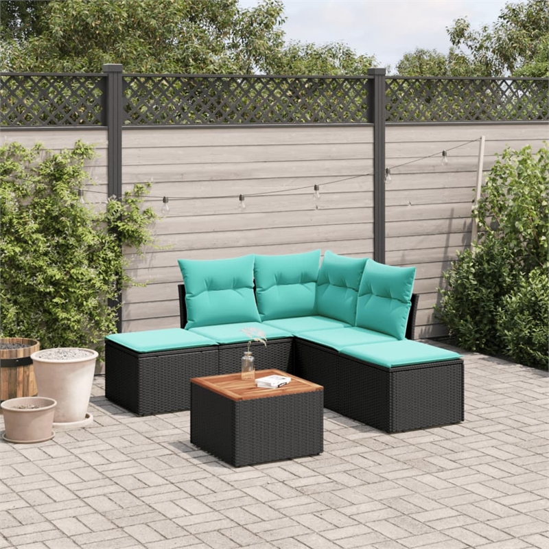 vidaXL 6 Piece Patio Sofa Set with Cushions Black Poly Rattan