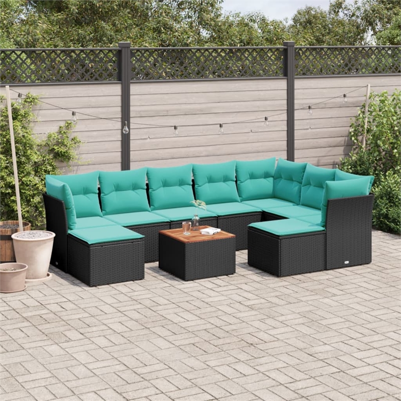 vidaXL 10 Piece Patio Sofa Set with Cushions Black Poly Rattan