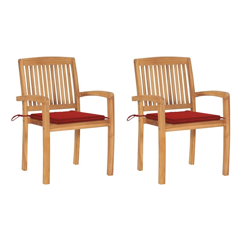 vidaXL Patio Chairs 2 pcs with Red Cushions Solid Teak Wood