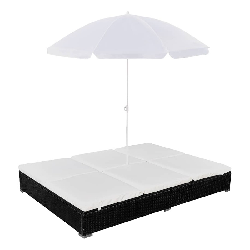 vidaXL Patio Lounge Bed with Umbrella Poly Rattan Black