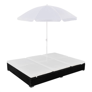 vidaXL Patio Lounge Bed with Umbrella Poly Rattan Black