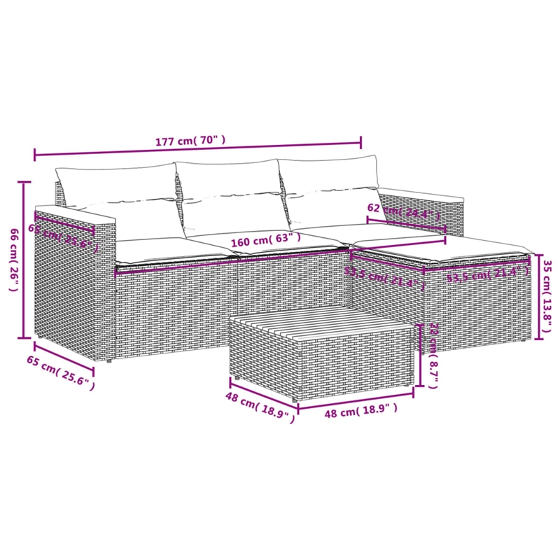 vidaXL 5 Piece Patio Sofa Set with Cushions Gray Poly Rattan Acacia