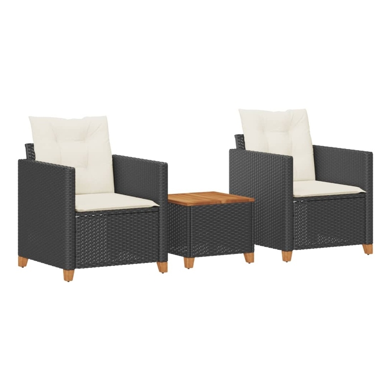 vidaXL 3 Piece Bistro Set with Cushions Black Poly Rattan Acacia Wood