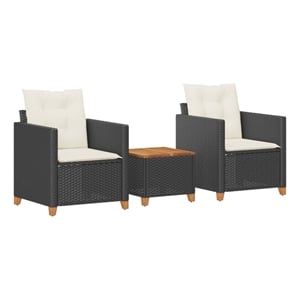 vidaXL 3 Piece Bistro Set with Cushions Black Poly Rattan Acacia Wood