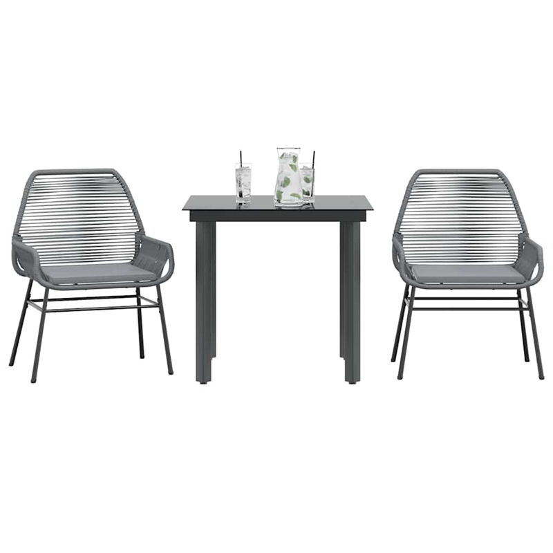 vidaXL 3 Piece Patio Dining Set with Cushions Gray Poly Rattan Glass