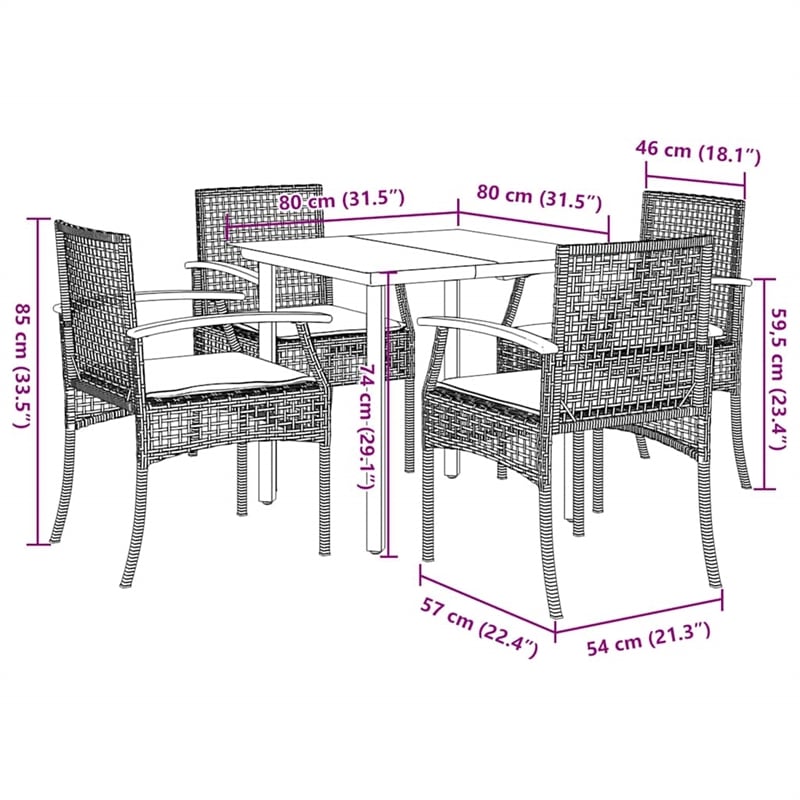 vidaXL 5 Piece Patio Dining Set with Cushions Gray Poly Rattan