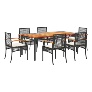 vidaXL 7 Piece Patio Dining Set with Cushions Black Poly Rattan