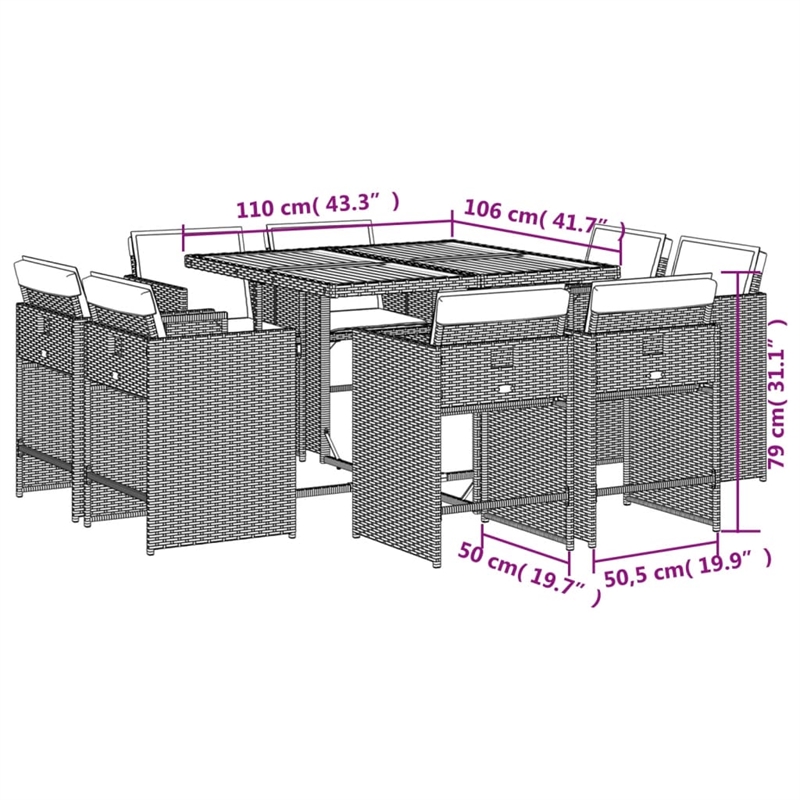 vidaXL 9 Piece Patio Dining Set with Cushions Beige Poly Rattan
