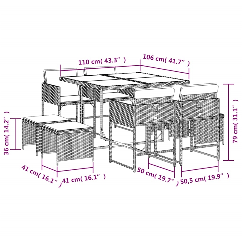 vidaXL 9 Piece Patio Dining Set with Cushions Gray Poly Rattan