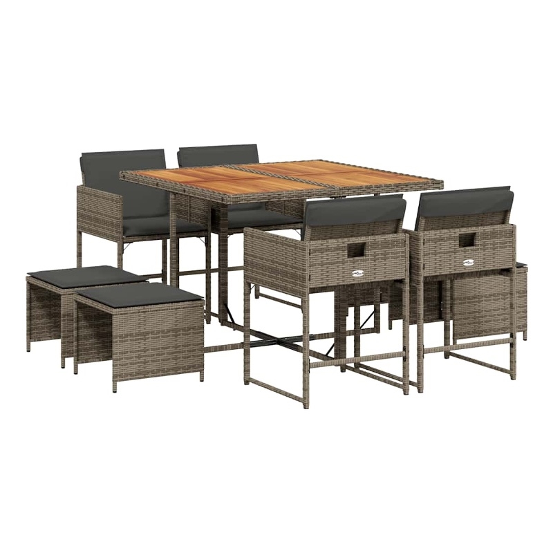 vidaXL 9 Piece Patio Dining Set with Cushions Gray Poly Rattan